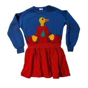 Y2K Vintage Duck Overalls Sweatshirt Dress Blue Red Long Sleeve Kids Girls